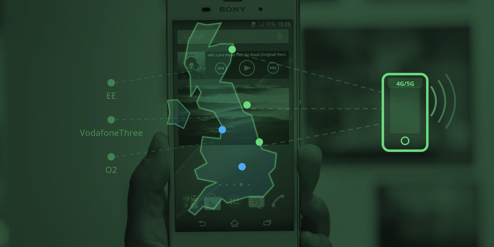 UK mobile network with phone and carrier nodes