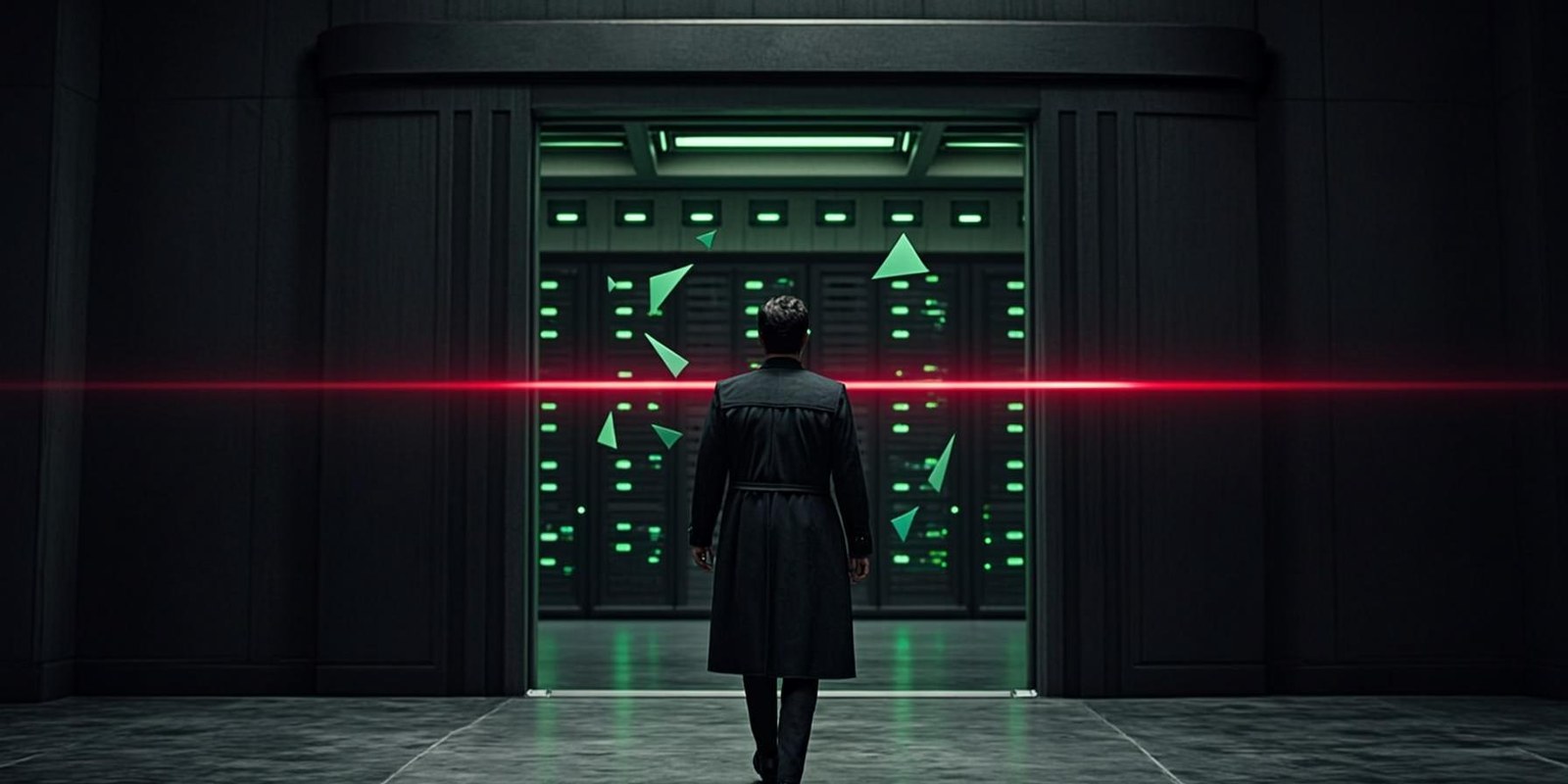 A person walks away from a dark data centre entrance after a scan beam rejected them, their outline dissolving into mismatched geometric signature shapes compared against a wall of green trusted profiles. AI-generated illustration