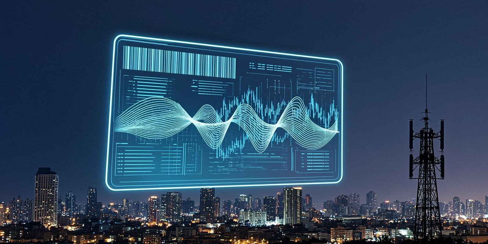 A glowing smartphone linked by a beam of light to a cell tower at night, with holographic data cards hovering above it (AI-generated illustration)