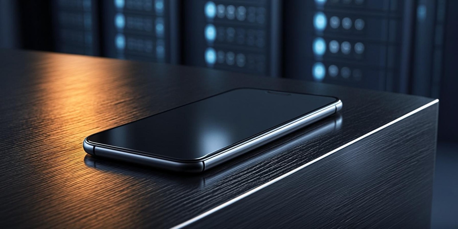 Overhead studio photo of a smartphone on a dark steel surface, amber light on one side and blue on the other, blurred server racks behind (AI-generated illustration)