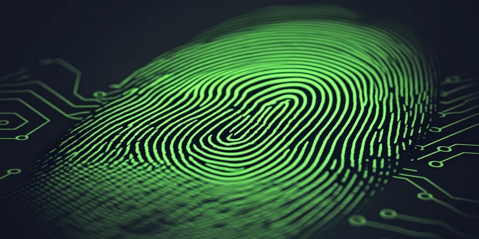 Macro photograph of a fingerprint whorl rendered as glowing green circuit traces on a dark charcoal surface, AI-generated illustration