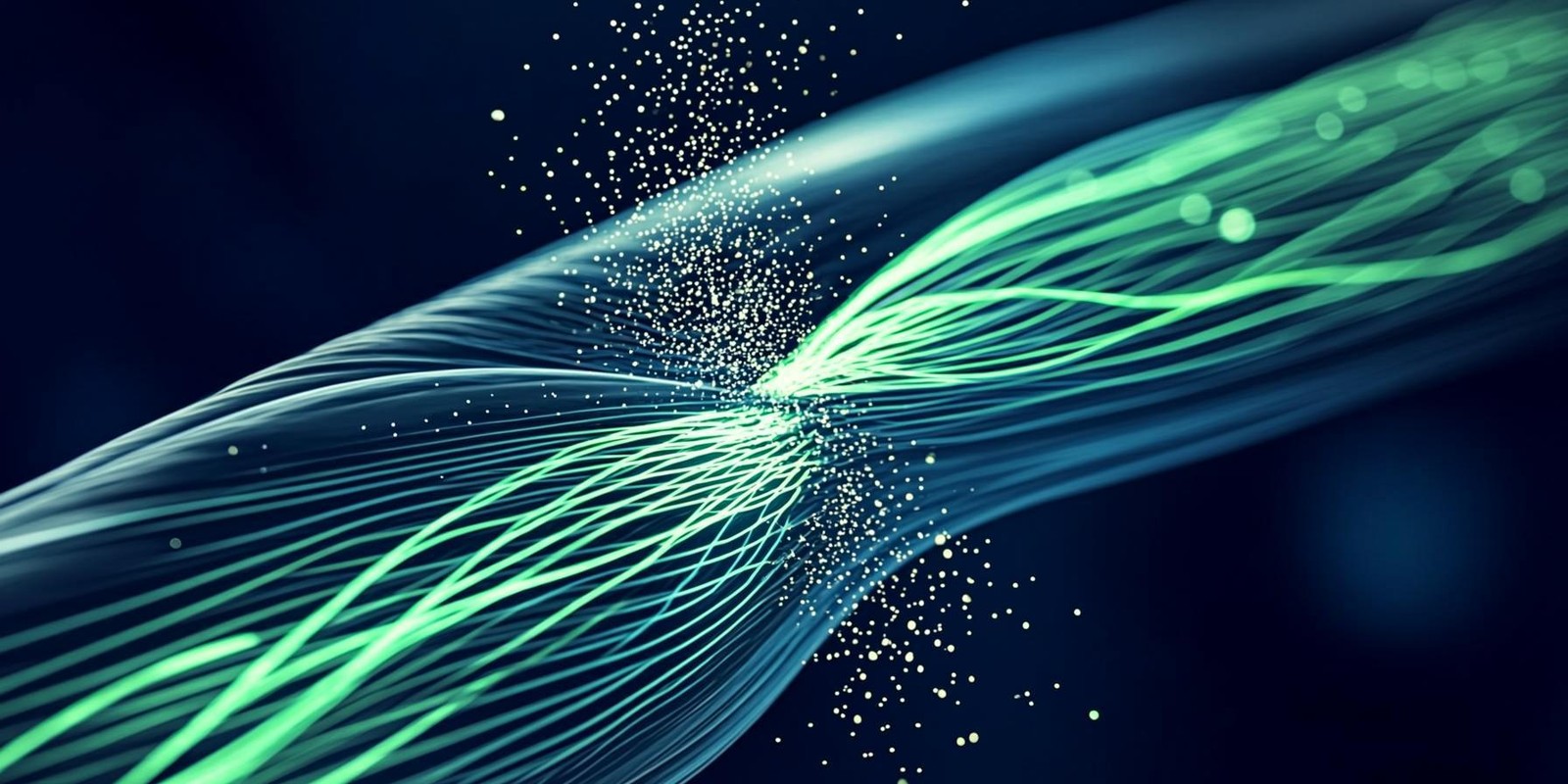 A glowing green stream of data particles flowing through a translucent glass pipe in darkness, one hairline crack leaking a thin spray of luminous dots upward, AI-generated illustration