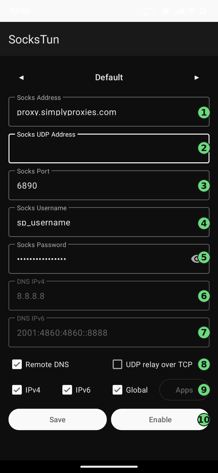 SocksTun configuration screen with numbered annotations on each field: socks address, UDP address, port, username, password, DNS servers, remote DNS, routing mode chips, and the save and enable buttons
